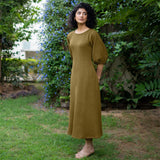 Olive Green Warm Cotton Waffle Fit and Flare Maxi Dress