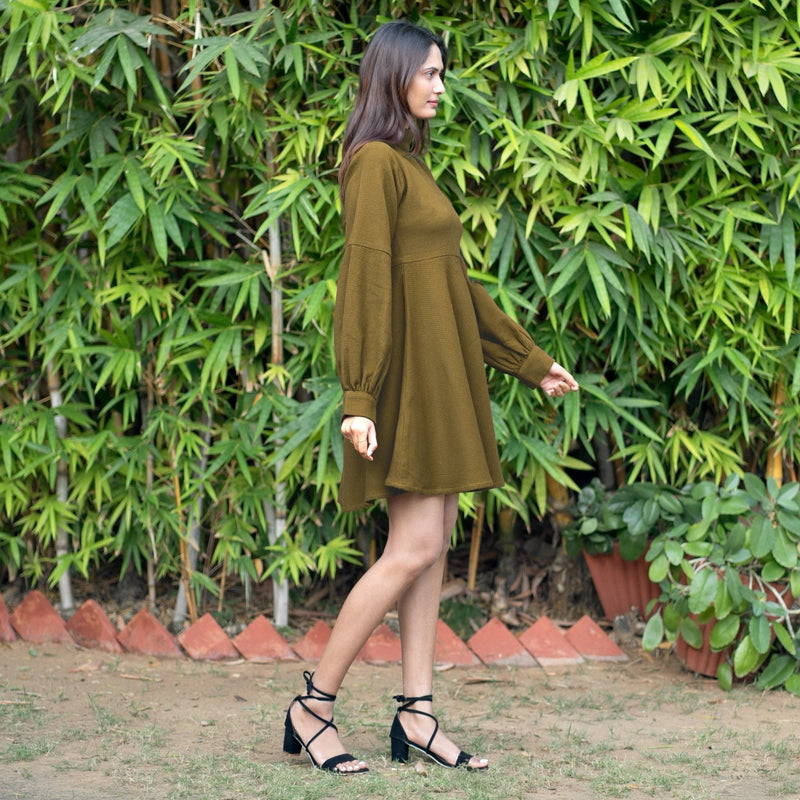 Olive Green Warm Cotton Waffle Fit and Flare Short Dress