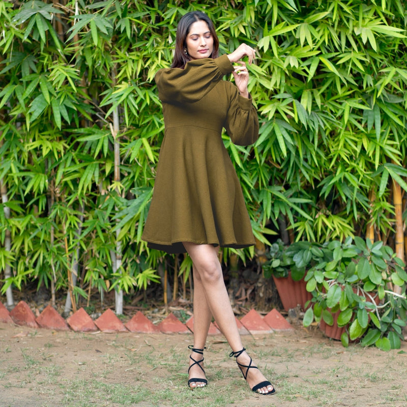 Olive Green Warm Cotton Waffle Fit and Flare Short Dress