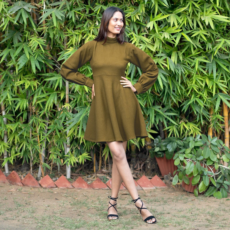 Olive Green Warm Cotton Waffle Fit and Flare Short Dress