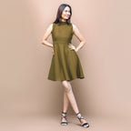 Olive Green Warm Cotton Waffle Fit and Flare Short Sleeveless Dress
