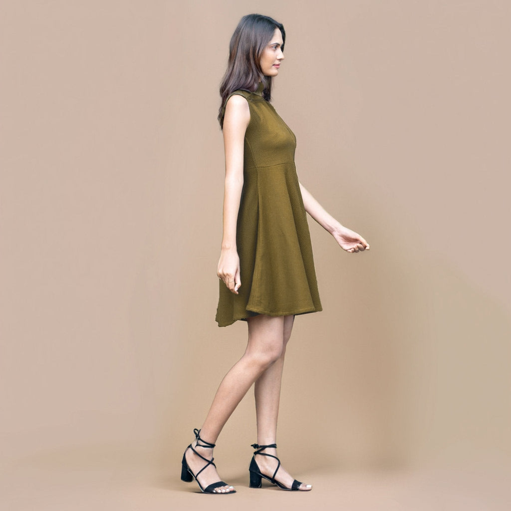Olive Green Warm Cotton Waffle Fit and Flare Short Sleeveless Dress