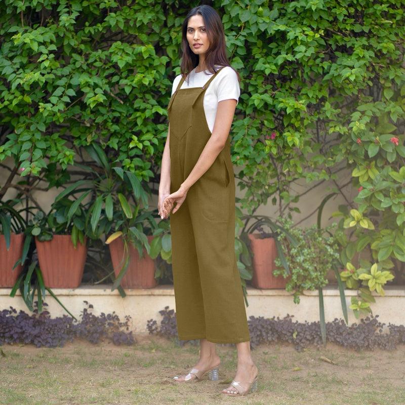 Olive Green Warm Cotton Waffle Midi Dungaree Jumpsuit