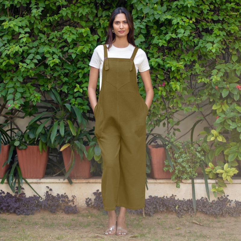 Olive Green Warm Cotton Waffle Midi Dungaree Jumpsuit