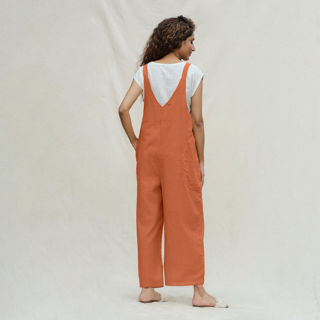 Orange 100% Cotton Ankle Length Dungaree Jumpsuit