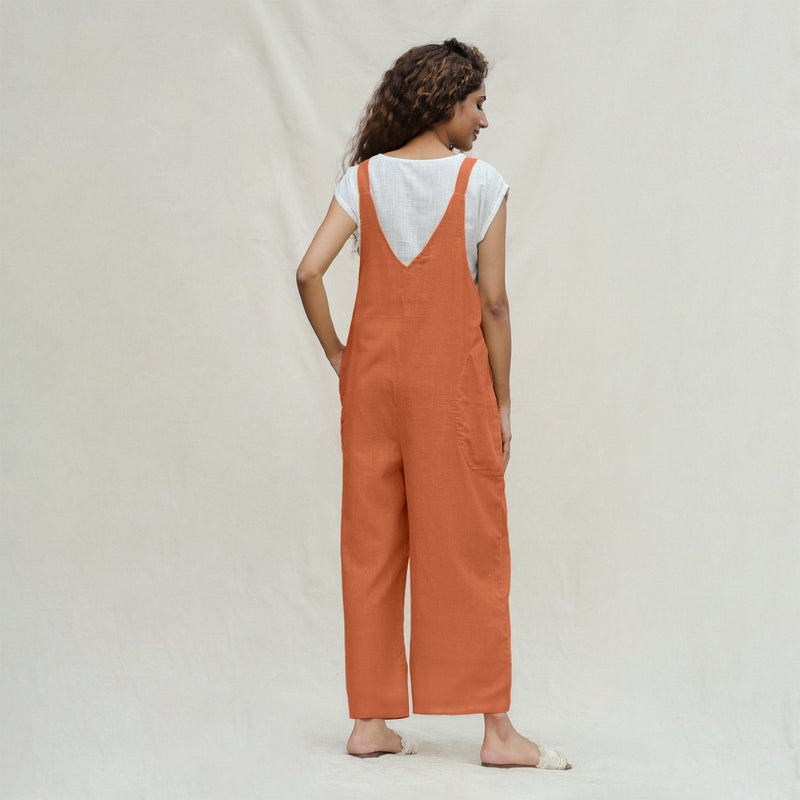 Orange 100% Cotton Ankle Length Dungaree Jumpsuit