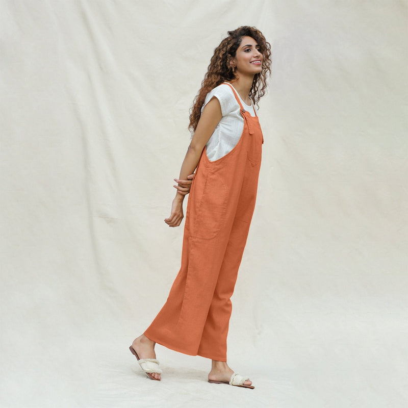 Orange 100% Cotton Ankle Length Dungaree Jumpsuit