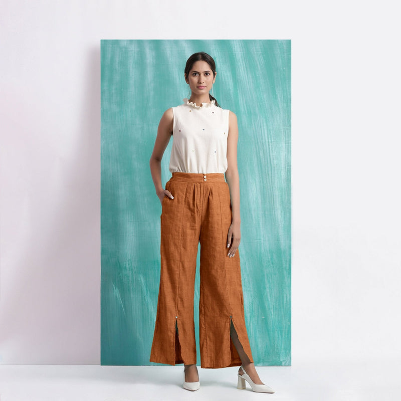 Orange 100% Cotton Elasticated Mid-Rise Wide Legged Pant