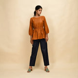 Orange 100% Cotton Round Neck Peplum Top