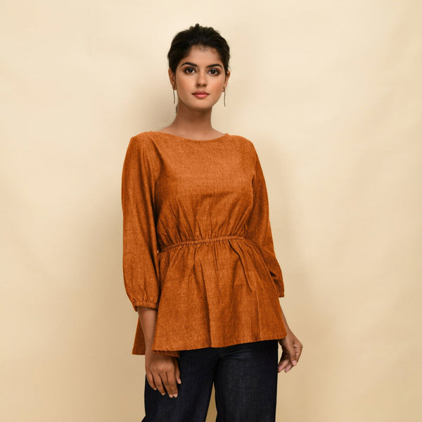 Orange 100% Cotton Round Neck Peplum Top