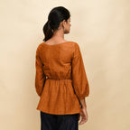 Orange 100% Cotton Round Neck Peplum Top
