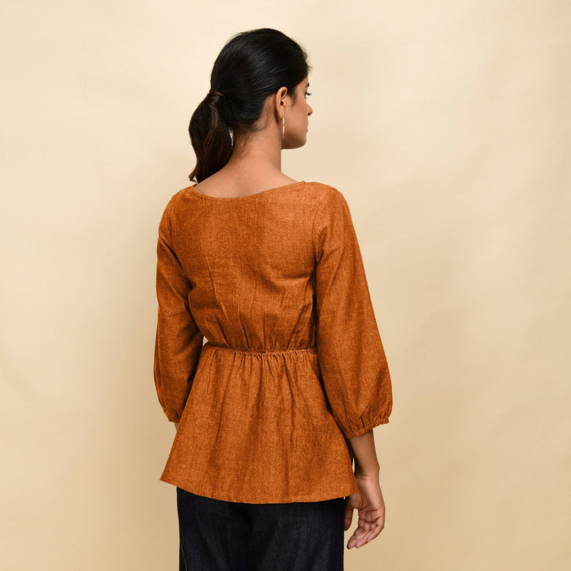 Orange 100% Cotton Round Neck Peplum Top