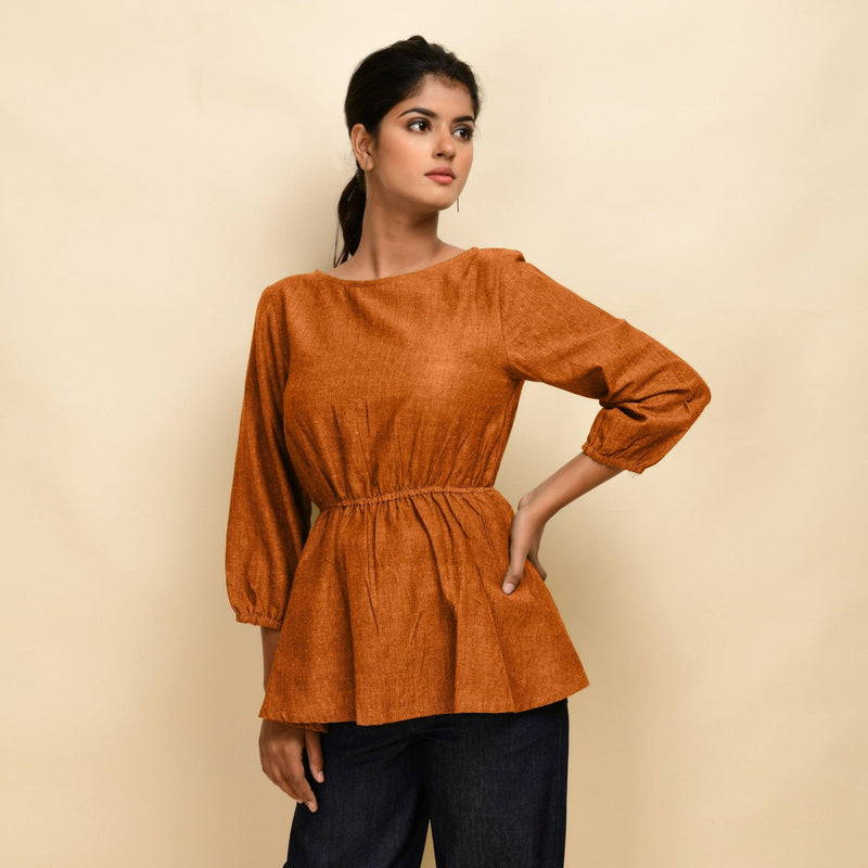 Orange 100% Cotton Round Neck Peplum Top