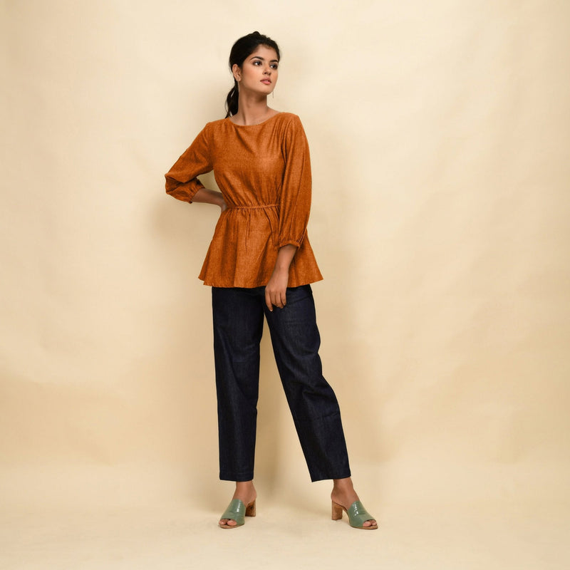 Orange 100% Cotton Round Neck Peplum Top