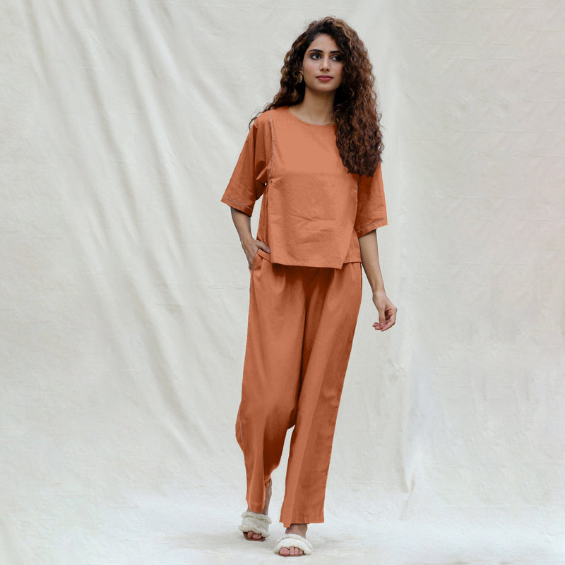 Orange 100% Cotton Solid Mid-Rise Elasticated Pant