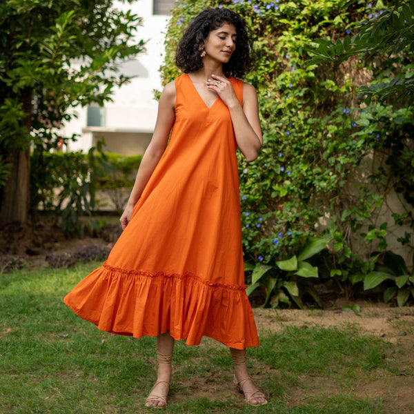 Orange Cotton Poplin A-Line Deep Neck Sleeveless Maxi Dress