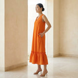 Orange Cotton Poplin A-Line V-Neck Sleeveless Maxi Tier Dress