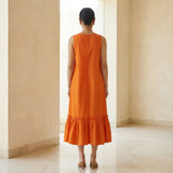 Orange Cotton Poplin A-Line V-Neck Sleeveless Maxi Tier Dress