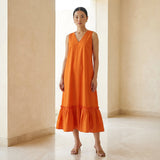 Orange Cotton Poplin A-Line V-Neck Sleeveless Maxi Tier Dress