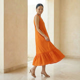 Orange Cotton Poplin A-Line V-Neck Sleeveless Maxi Tier Dress