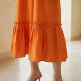 Orange Cotton Poplin A-Line V-Neck Sleeveless Maxi Tier Dress