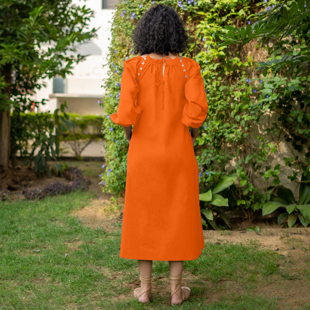 Orange Cotton Poplin A-Line Detachable Sleeve Flared Midi Dress