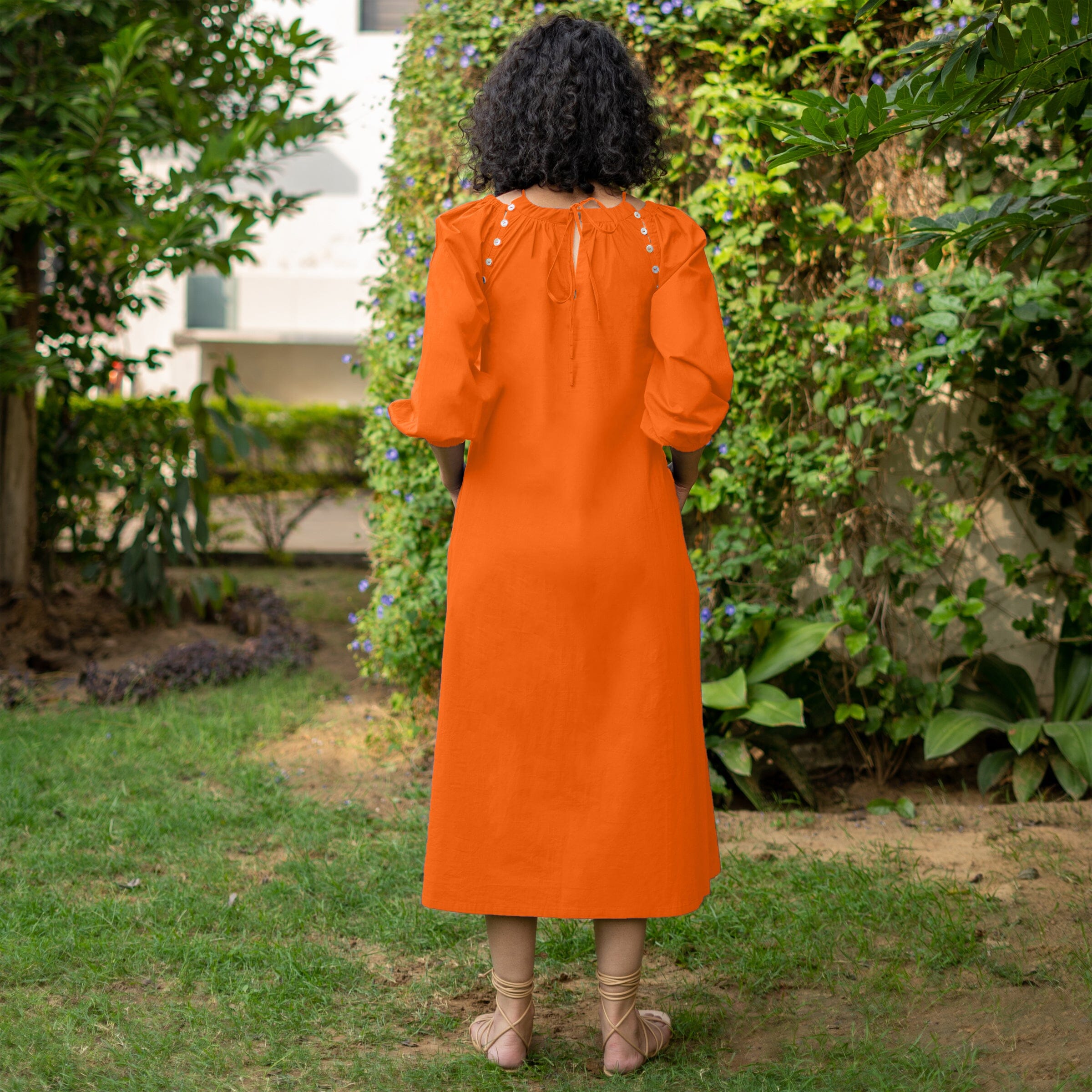 Orange Cotton Poplin A-Line Detachable Sleeve Flared Midi Dress