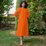 Orange Cotton Poplin A-Line Detachable Sleeve Flared Midi Dress