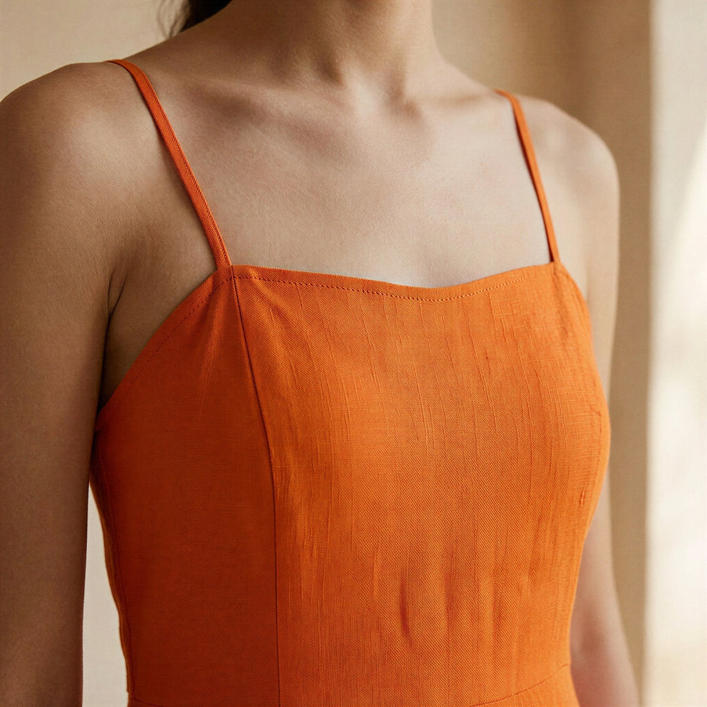 Orange Cotton Poplin Ankle Length Flared Sundress