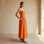 Orange Cotton Poplin Ankle Length Flared Sundress