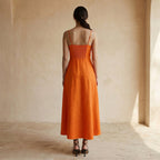 Orange Cotton Poplin Ankle Length Flared Sundress