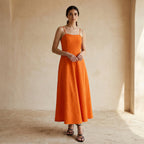 Orange Cotton Poplin Ankle Length Flared Sundress