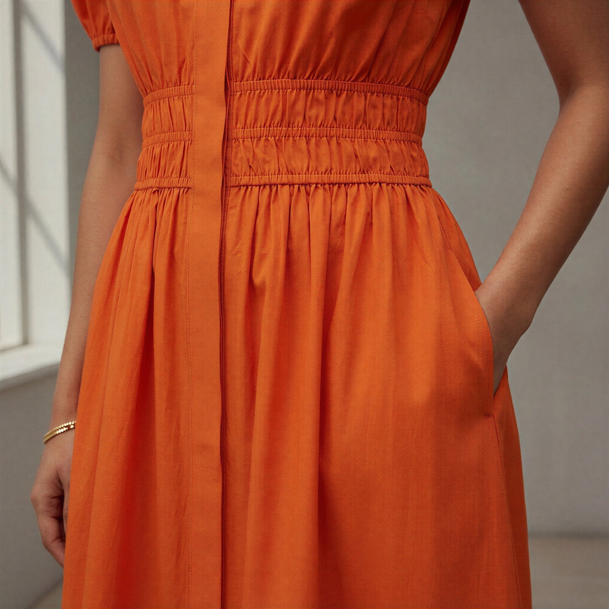 Orange Cotton Poplin Button-Down Midi Shirt Dress