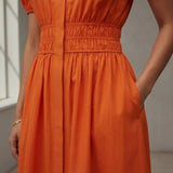 Orange Cotton Poplin Button-Down Midi Shirt Dress