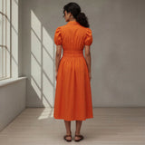 Orange Cotton Poplin Button-Down Midi Shirt Dress