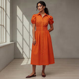 Orange Cotton Poplin Button-Down Midi Shirt Dress
