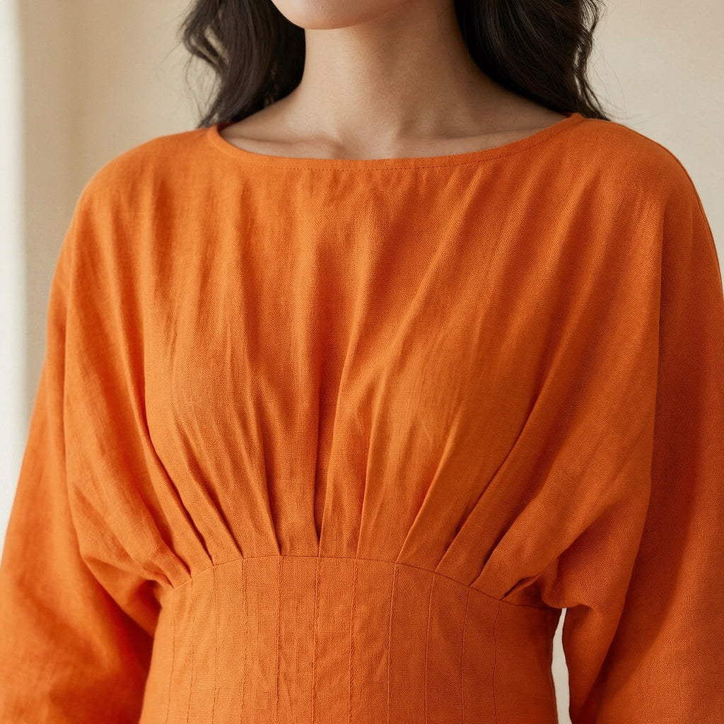 Orange Cotton Poplin Cinched Waist Flared Maxi Dress