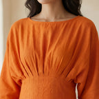 Orange Cotton Poplin Cinched Waist Flared Maxi Dress