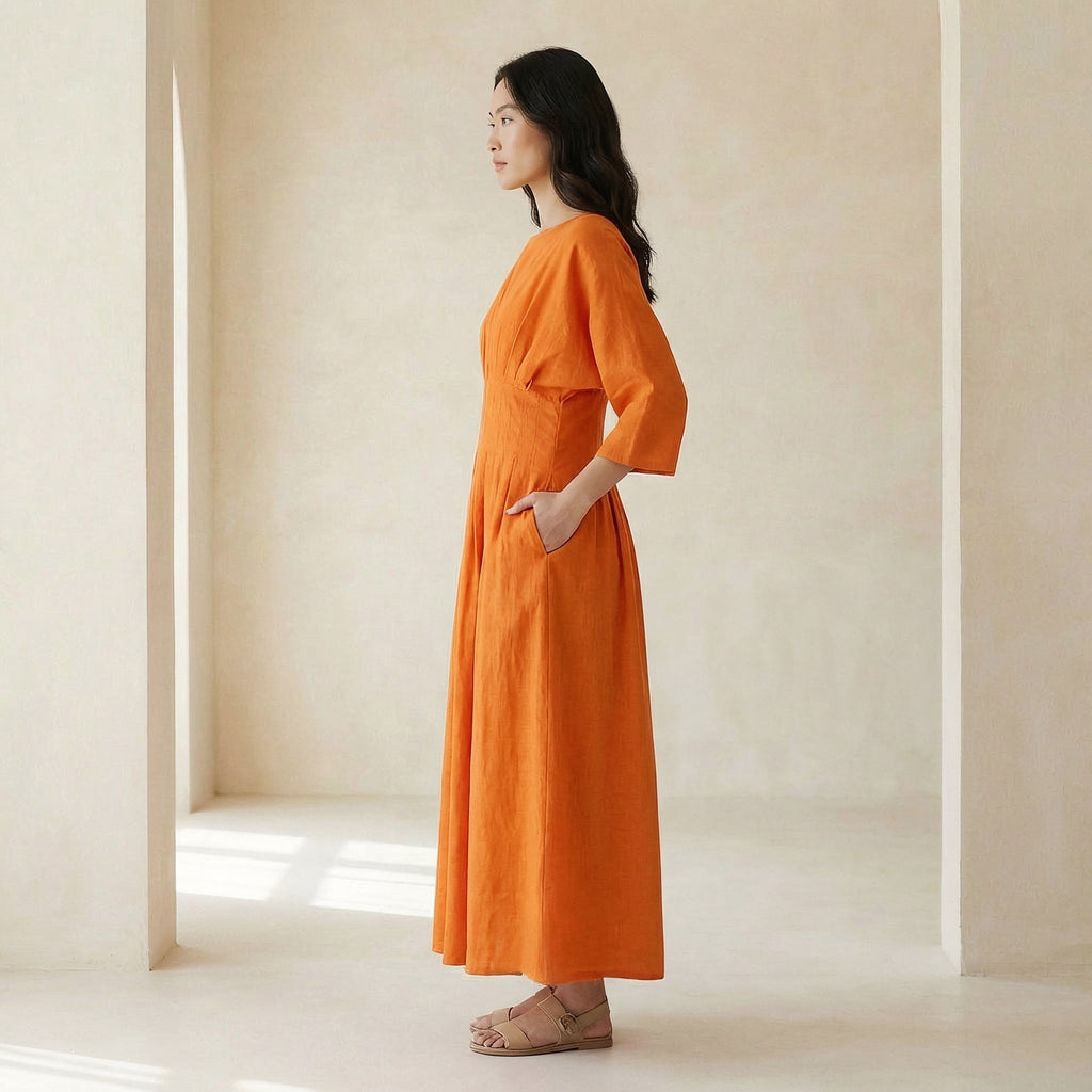 Orange Cotton Poplin Cinched Waist Flared Maxi Dress