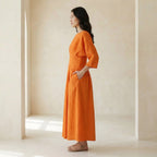 Orange Cotton Poplin Cinched Waist Flared Maxi Dress