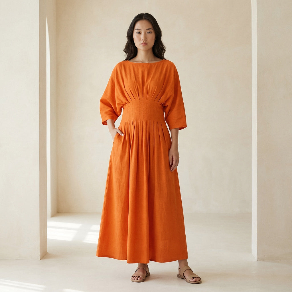 Orange Cotton Poplin Cinched Waist Flared Maxi Dress