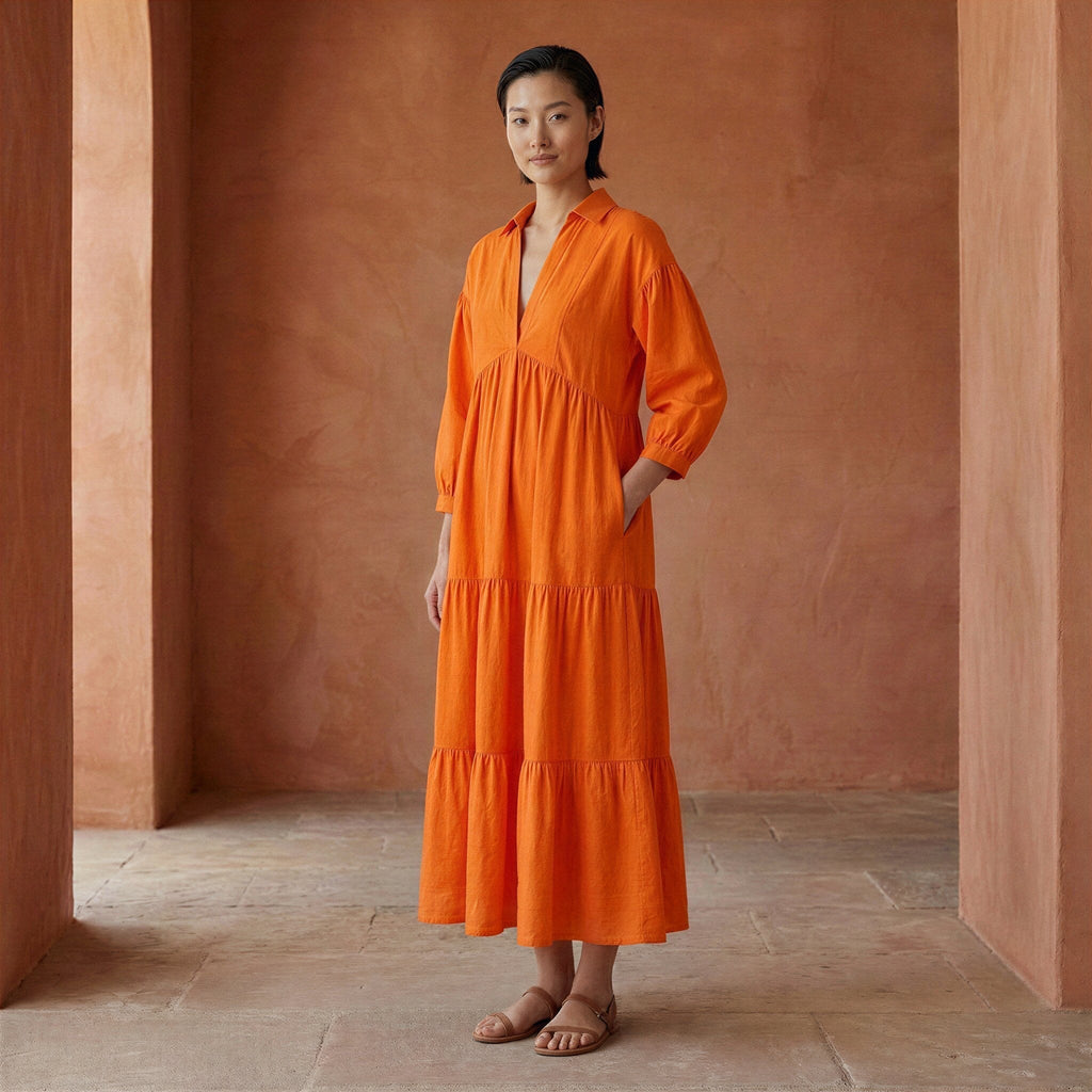 Orange Cotton Poplin Deep-V Maxi Tier Dress