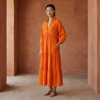 Orange Cotton Poplin Deep-V Maxi Tier Dress