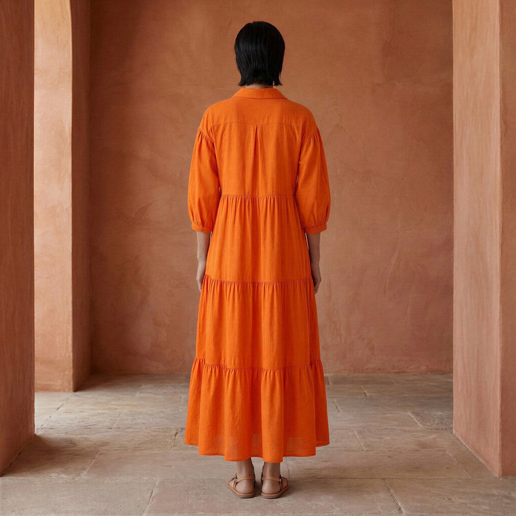 Orange Cotton Poplin Deep-V Maxi Tier Dress
