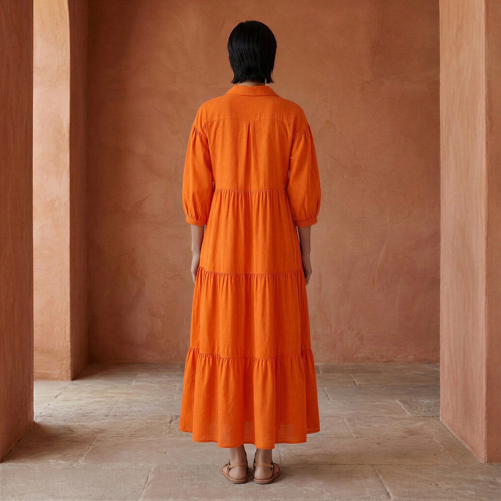 Orange Cotton Poplin Deep-V Maxi Tier Dress