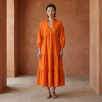 Orange Cotton Poplin Deep-V Maxi Tier Dress