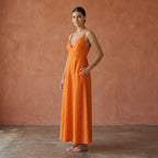 Orange Cotton Poplin Deep V-Neck Cami Maxi Dress
