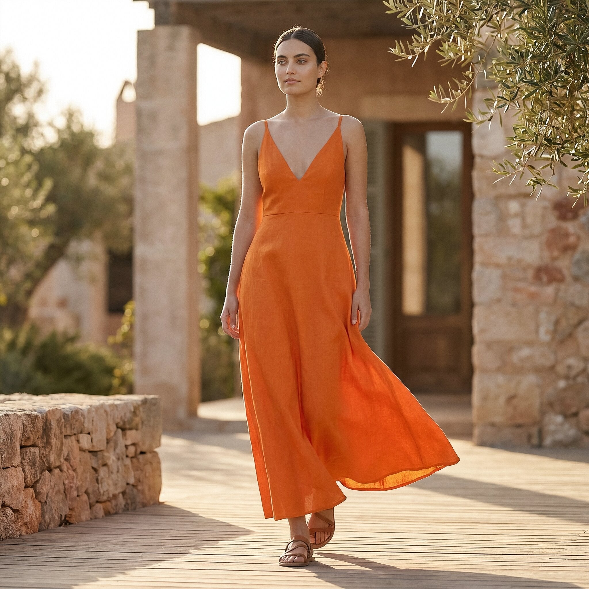 Orange Cotton Poplin Deep V-Neck Cami Maxi Dress