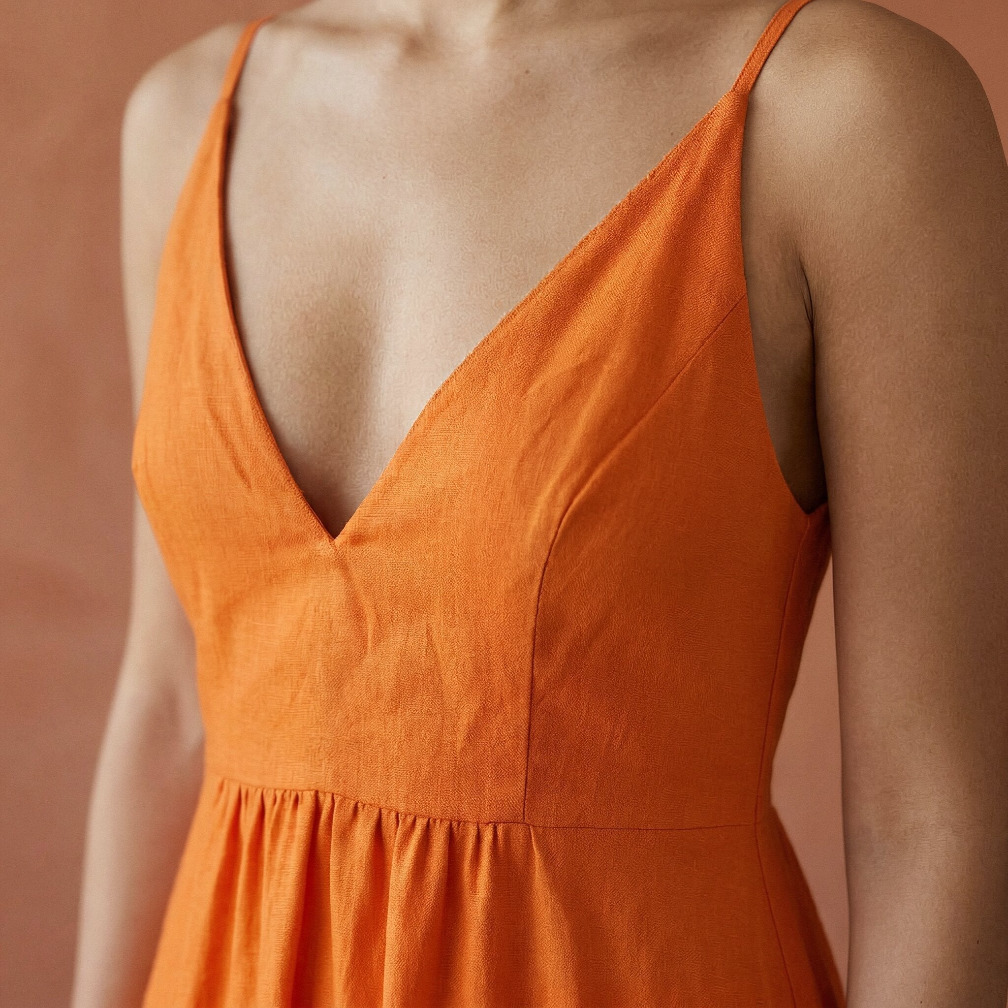 Orange Cotton Poplin Deep V-Neck Cami Maxi Dress