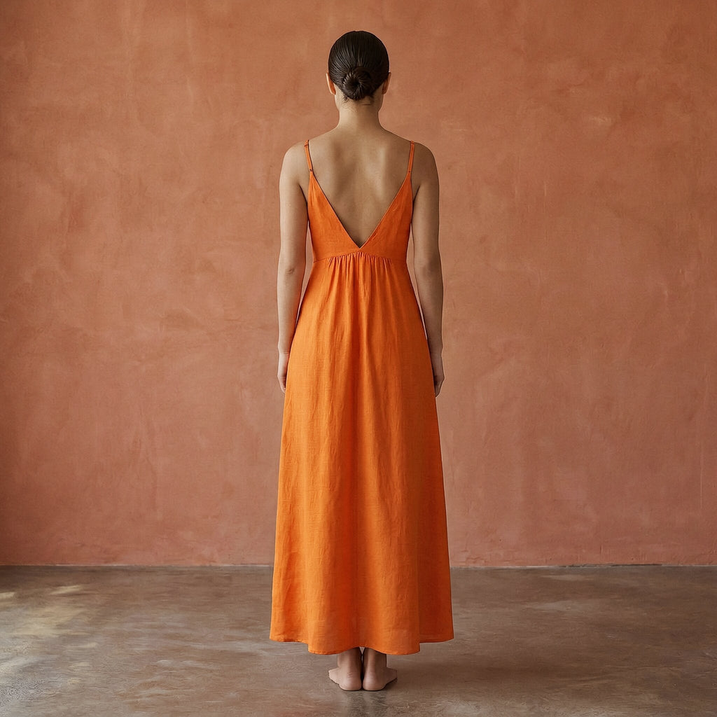 Orange Cotton Poplin Deep V-Neck Cami Maxi Dress
